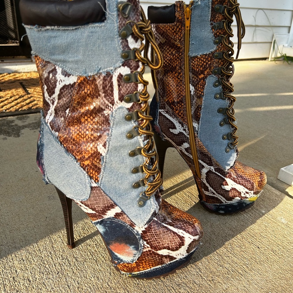 Shoe Republic LA Brown Snake Print and Denim Lace-Up Stiletto Boots